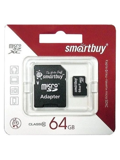 Карта памяти micro SDXC, 64 GB, SMARTBUY, 10 Мб/сек. (class 10), с адаптером, SB64GBSDCL10-01