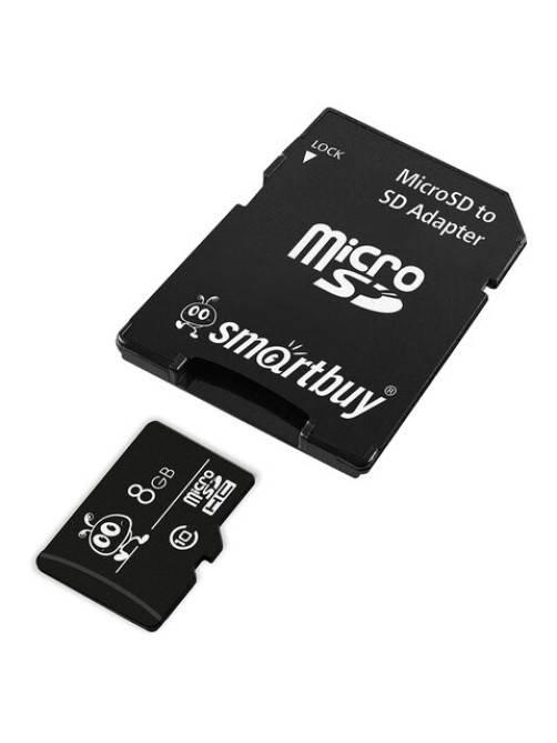 Карта памяти micro SDHC, 8 GB, SMARTBUY, 10 Мб/сек. (class 10), с адаптером, SB8GBSDCL10-01