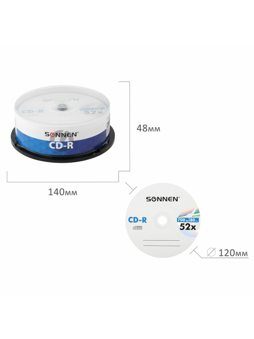 Диск CD-R SONNEN, 700 Mb, 52x, Cake Box (упаковка на шпиле) КОМПЛЕКТ 25 шт., 513531