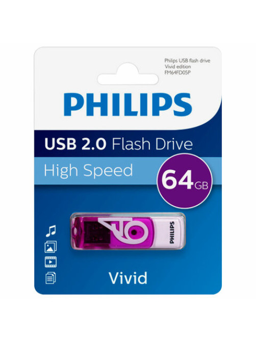 Флеш-диск 64 GB PHILIPS VIVID, разъем USB 2.0, фиолетовый, FM64FD05P/97