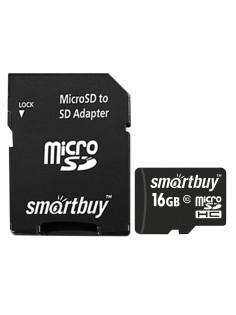 Карта памяти microSDHC, 16 GB, SMARTBUY, 10 Мб/сек. (class 10), с адаптером, SB16GBSDCL10-01
