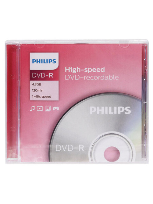 Диск DVD-R PHILIPS, 4,7 Гб, 16x, Slim Case (1 штука), DM4S6S01F/97
