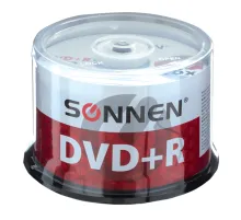 Диск DVD+R (плюс) SONNEN 4,7 Gb, 16x, Cake Box (упаковка на шпиле), КОМПЛЕКТ 50 шт., 512577