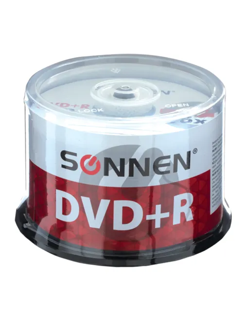 Диск DVD+R (плюс) SONNEN 4,7 Gb, 16x, Cake Box (упаковка на шпиле), КОМПЛЕКТ 50 шт., 512577