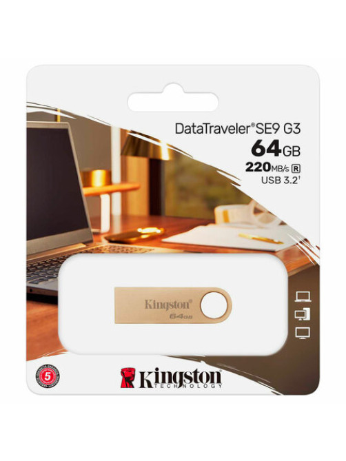 Флеш-диск 64 GB, KINGSTON DataTraveler SE9 G3 USB 3.2, металлический корпус, золотой, DTSE9G3/64GB