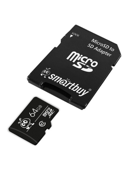 Карта памяти micro SDXC, 64 GB, SMARTBUY, 10 Мб/сек. (class 10), с адаптером, SB64GBSDCL10-01