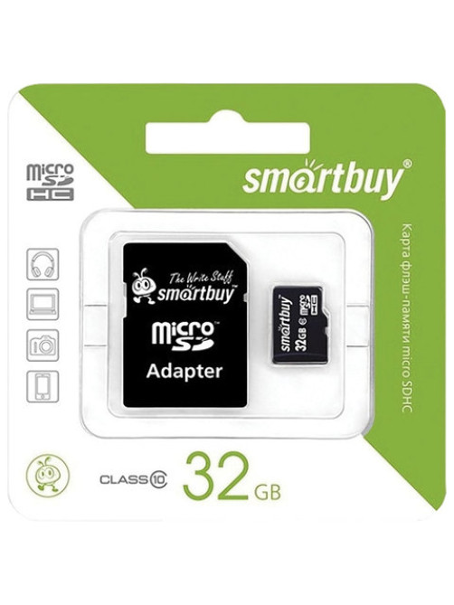 Карта памяти micro SDHC, 32 GB, SMARTBUY, 10 Мб/сек. (class 10), с адаптером, SB32GBSDCL10-01