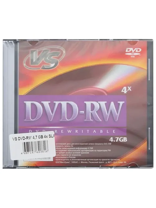 Диск DVD-RW VS 4,7 Gb, 4x, Slim Case, КОМПЛЕКТ 5 шт., VSDVDRB5001, VSDVDRWSL501