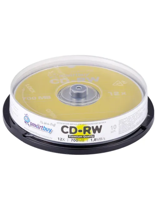 Диски CD-RW SMARTBUY, 700 Мб, 4-12x, Cake Box (упаковка на шпиле), КОМПЛЕКТ 10 шт., SBCD-RW10
