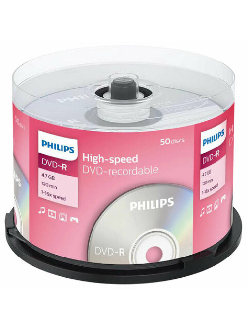 Диск DVD-R PHILIPS, 4,7 Гб, 16x, Cake Box (упаковка на шпиле), КОМПЛЕКТ 50 шт., DM4S6B50F/97
