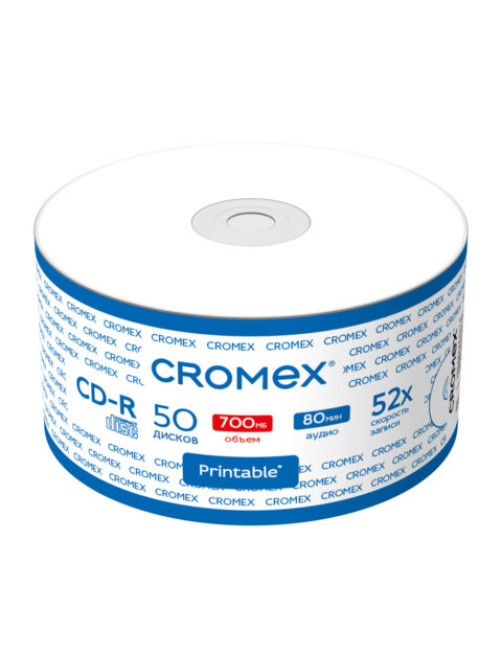Диск CD-R CROMEX (КРОМЕКС), 700 Mb, 52x, с возможностью печати на диске, Bulk (термоусадка без шпиля), КОМПЛЕКТ 50 шт., 514304