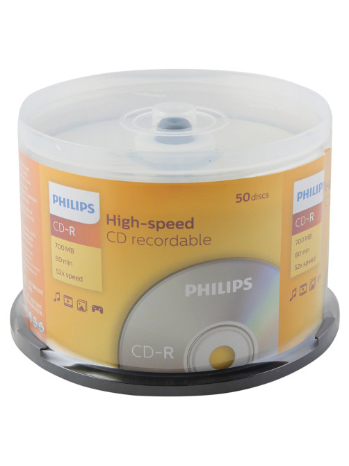 Диск CD-R PHILIPS, 700 Мб, 52x, Cake Box (упаковка на шпиле), КОМПЛЕКТ 50 шт., CR7D5SB50/97
