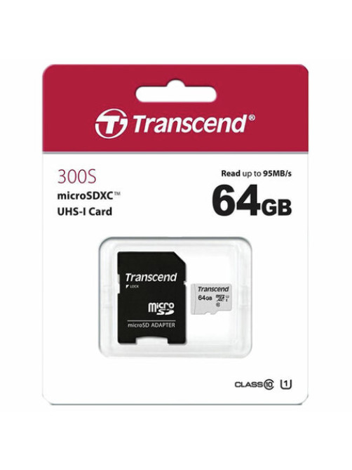 Карта памяти microSDXC 64 GB TRANSCEND UHS-I U1, 95 Мб/сек (class 10), адаптер, TS64GUSD300S-A