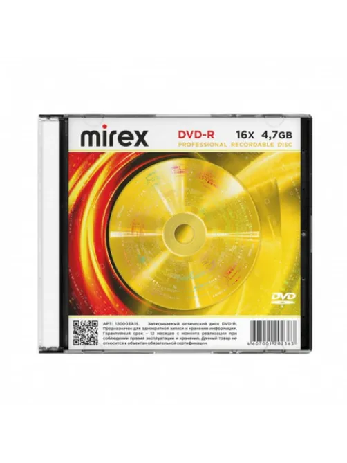 Диск DVD-R MIREX, 4,7 ГБ, 16x, Slim Case, 1 штука, UL130003A1S