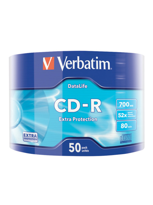 Диск CD-R VERBATIM DataLife, 700 Мб 52x Bulk (термоусадка без шпиля), КОМПЛЕКТ 50 шт., 43787