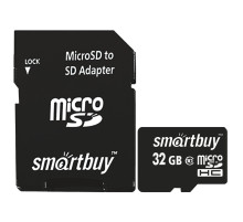 Карта памяти micro SDHC, 32 GB, SMARTBUY, 10 Мб/сек. (class 10), с адаптером, SB32GBSDCL10-01