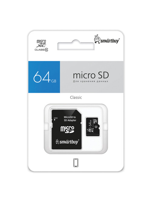 Карта памяти micro SDXC, 64 GB, SMARTBUY, 10 Мб/сек. (class 10), с адаптером, SB64GBSDCL10-01