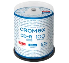 Диск CD-R CROMEX (КРОМЕКС), 700 Mb, 52x, Cake Box (упаковка на шпиле), КОМПЛЕКТ 100 шт., 513778