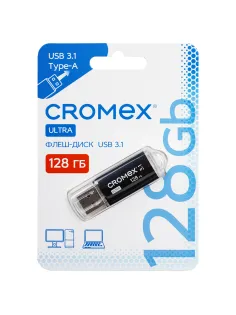 Флеш-диск 128 GB, CROMEX (КРОМЕКС) Ultra USB 3.1, металлический корпус, черный, 514165