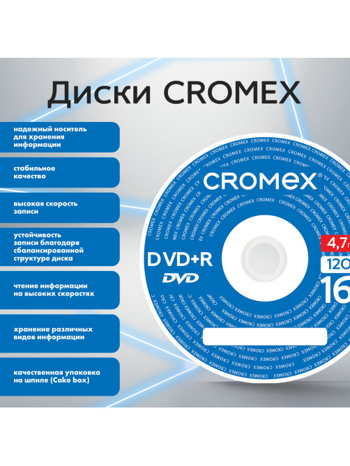 Диск DVD+R (плюс) CROMEX (КРОМЕКС), 4,7 Gb, 16x, Cake Box (упаковка на шпиле), КОМПЛЕКТ 25 шт., 513777
