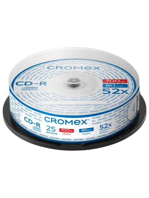 Диск CD-R CROMEX (КРОМЕКС), 700 Mb, 52x, Cake Box (упаковка на шпиле), КОМПЛЕКТ 25 шт., 513776