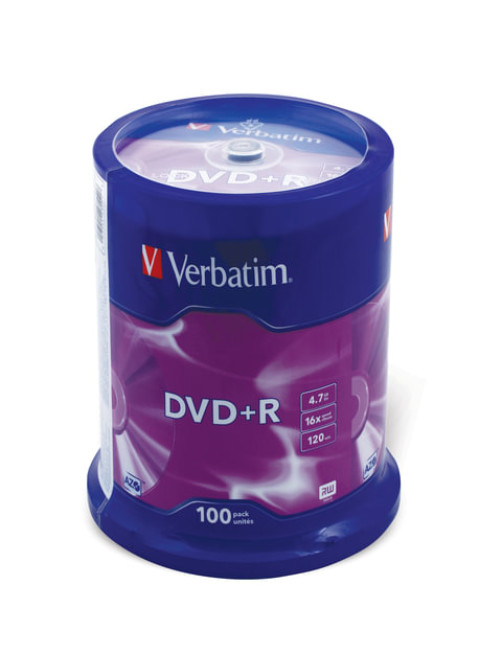 Диск DVD+R (плюс) VERBATIM 4,7 Gb 16x Cake Box (упаковка на шпиле), КОМПЛЕКТ 100 шт., 43551