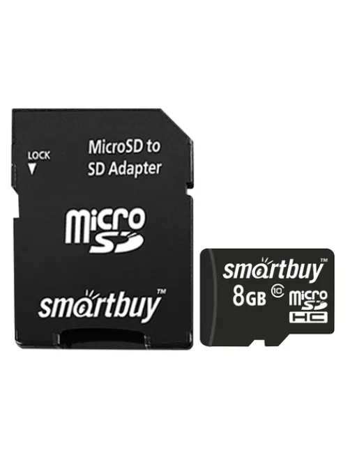 Карта памяти micro SDHC, 8 GB, SMARTBUY, 10 Мб/сек. (class 10), с адаптером, SB8GBSDCL10-01