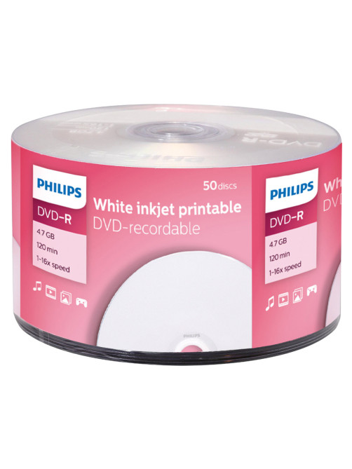 Диск DVD-R PHILIPS 4,7 Гб, 16x, Bulk (термоусадка без шпиля), поверхность для печати, КОМПЛЕКТ 50 шт., DM4I6U50F/97