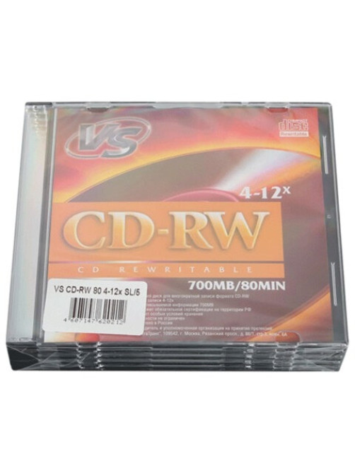 Диск CD-RW VS 700 Mb, 4-12x, Slim Case, КОМПЛЕКТ 5 шт., VSCDRWSL501