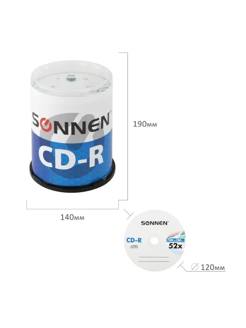 Диск CD-R SONNEN, 700 Mb, 52x, Cake Box (упаковка на шпиле) КОМПЛЕКТ 100 шт., 513533