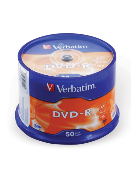 Диск DVD-R VERBATIM 4,7 Gb 16x Cake Box (упаковка на шпиле), КОМПЛЕКТ 50 шт., 43548