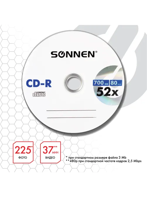 Диск CD-R SONNEN 700 Mb 52x Bulk (термоусадка без шпиля), КОМПЛЕКТ 50 шт., 512571