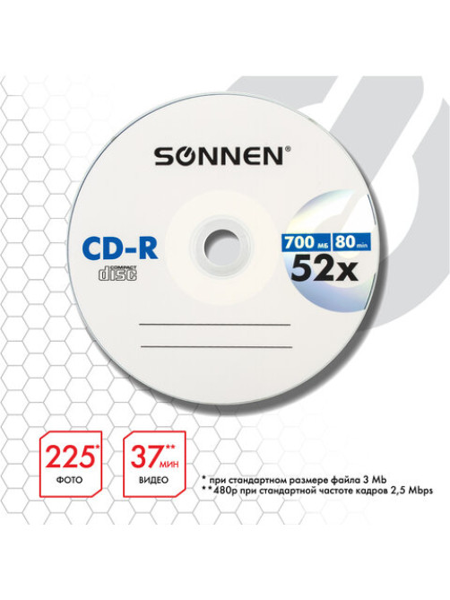 Диск CD-R SONNEN, 700 Mb, 52x, бумажный конверт (1 штука), 512573