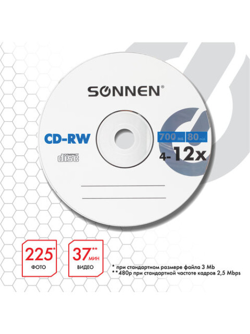 Диск CD-RW SONNEN, 700 Mb, 4-12x, Slim Case (1 штука), 512579