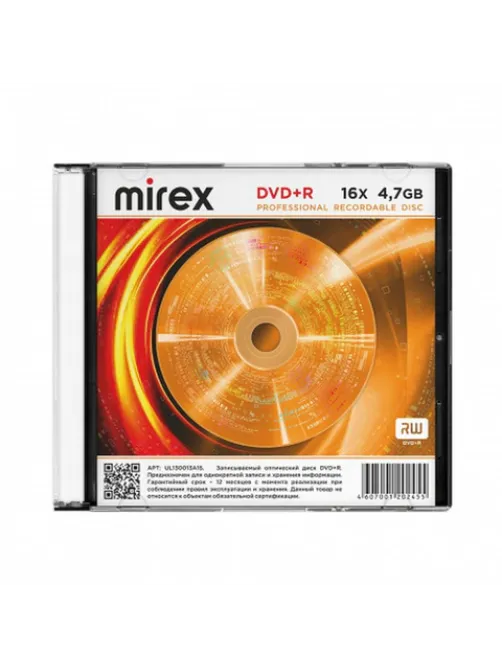 Диск DVD+R (плюс) MIREX, 4,7 ГБ, 16x, Slim Case, 1 штука, UL130013A1S