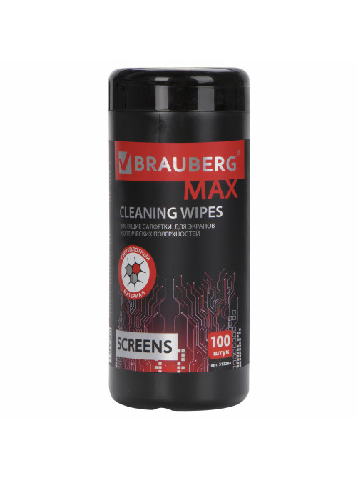 Салфетки для экранов всех типов и оптики BRAUBERG MAX ПЛОТНЫЕ, туба 100 шт., влажные, 513284