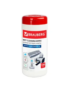 Салфетки для пластиковых поверхностей BRAUBERG, туба 100 шт., влажные, 510123