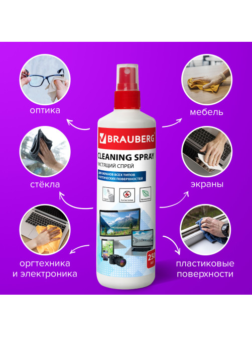 Чистящая жидкость-спрей BRAUBERG для экранов всех типов и оптики, универсальная, 250 мл, 510117