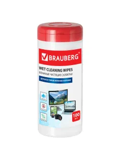 Салфетки для экранов всех типов и оптики BRAUBERG, туба 100 шт., влажные, 510122