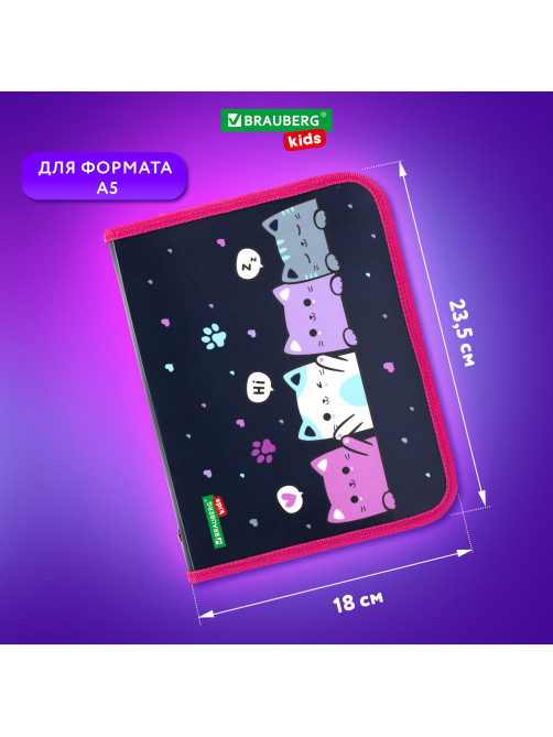Папка для тетрадей BRAUBERG KIDS А5, 1 отделение, пластик, молния вокруг, 