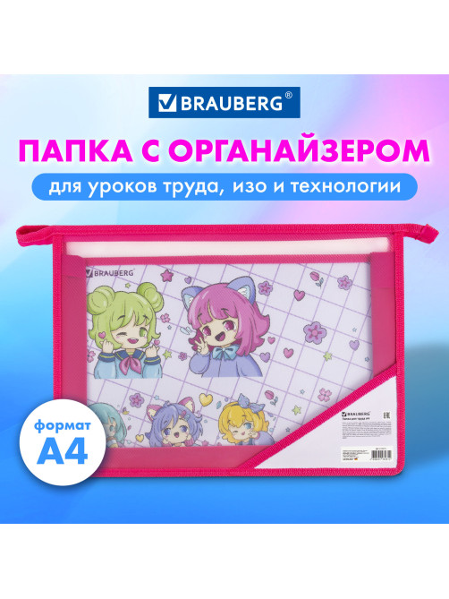 Папка для труда BRAUBERG А4, 2 отделения, пластик, молния сверху, органайзер, 