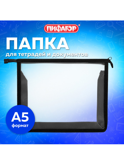 Папка для тетрадей ПИФАГОР А5, пластик, молния сверху, прозрачная, черный, 272113