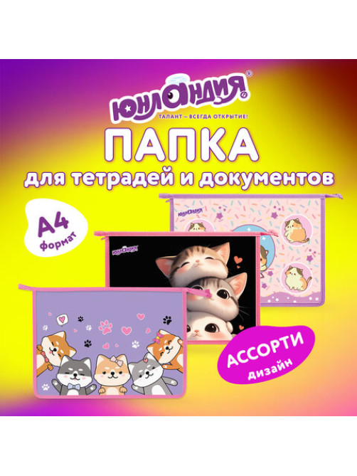 Папка для тетрадей ЮНЛАНДИЯ А4, 1 отделение, пластик, на молнии, АССОРТИ для девочек, 274483