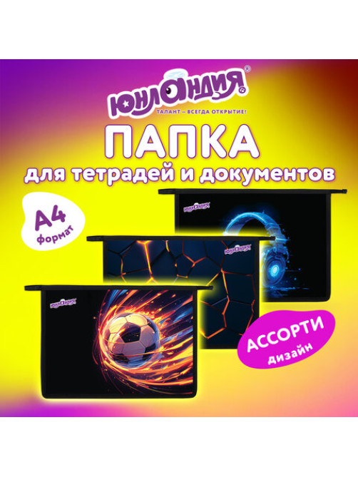 Папка для тетрадей ЮНЛАНДИЯ А4, 1 отделение, пластик, на молнии, АССОРТИ для мальчиков, 274482