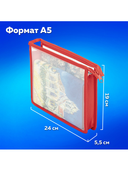 Папка для тетрадей ПИФАГОР А5, пластик, молния сверху, прозрачная, красный, 272114