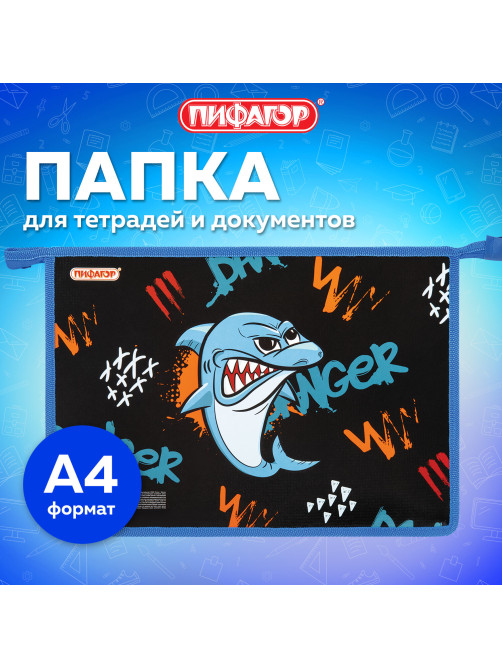 Папка для тетрадей ПИФАГОР А4, 1 отделение, картон/пластик, на молнии, 