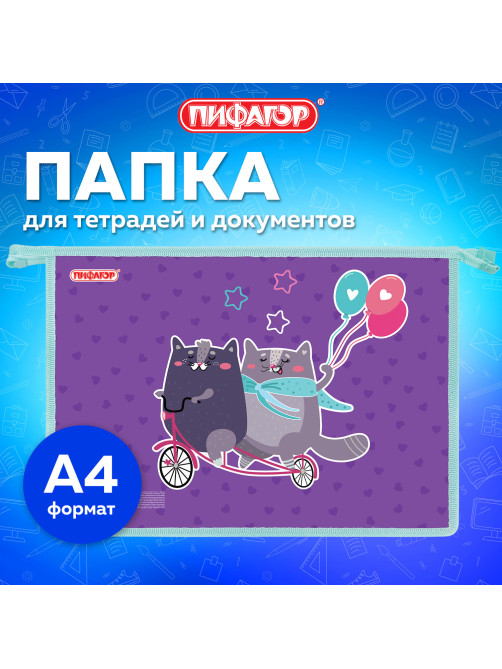 Папка для тетрадей ПИФАГОР А4, 1 отделение, картон/пластик, на молнии, 