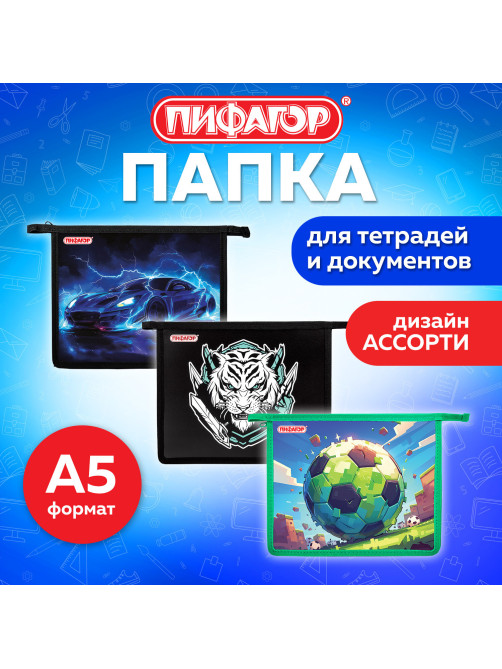 Папка для тетрадей ПИФАГОР А5, 1 отделение, пластик, на молнии, АССОРТИ для мальчиков, 274523
