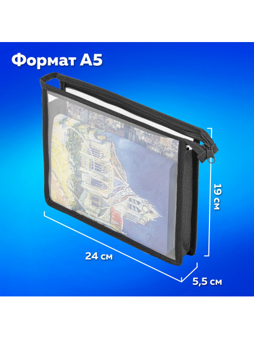 Папка для тетрадей ПИФАГОР А5, пластик, молния сверху, прозрачная, черный, 272113