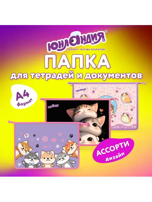 Папка для тетрадей ЮНЛАНДИЯ А4, 1 отделение, пластик, на молнии, АССОРТИ для девочек, 274483
